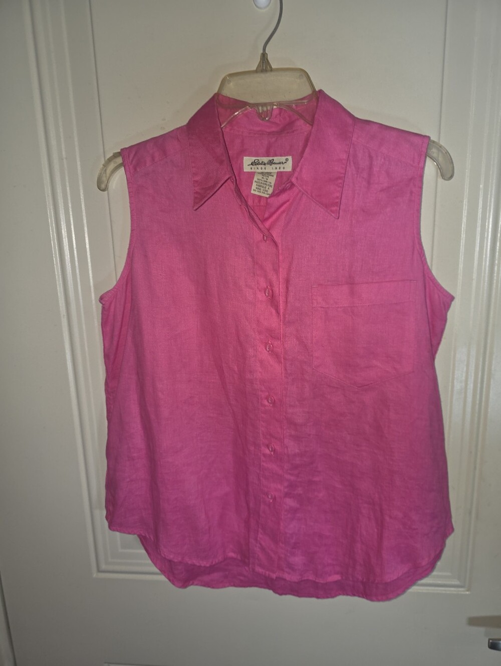 Eddie Bauer Linen Petite Medium Pink Sleeveless Button Front Shirt Top Coastal